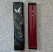 Vintage Japanese Chopsticks Holder Crane & Pine Lacquered Box Textured