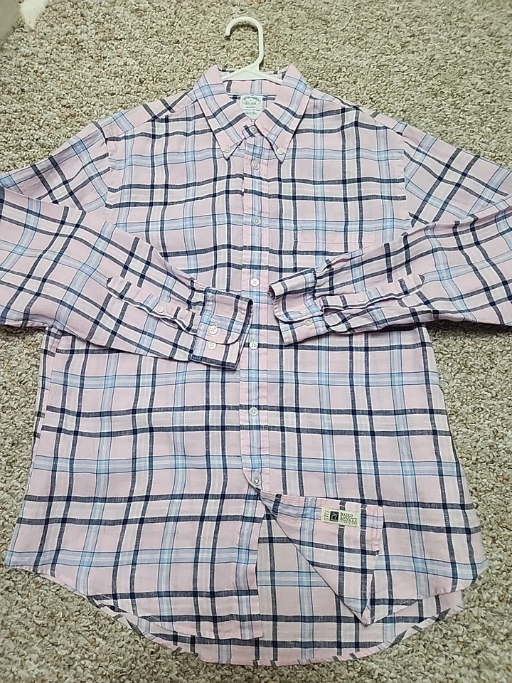 Brooks Brothers Irish Linen Grande Regent Rosa Azul Cuadros Botón Baird McNutt  Foto 4 de 4