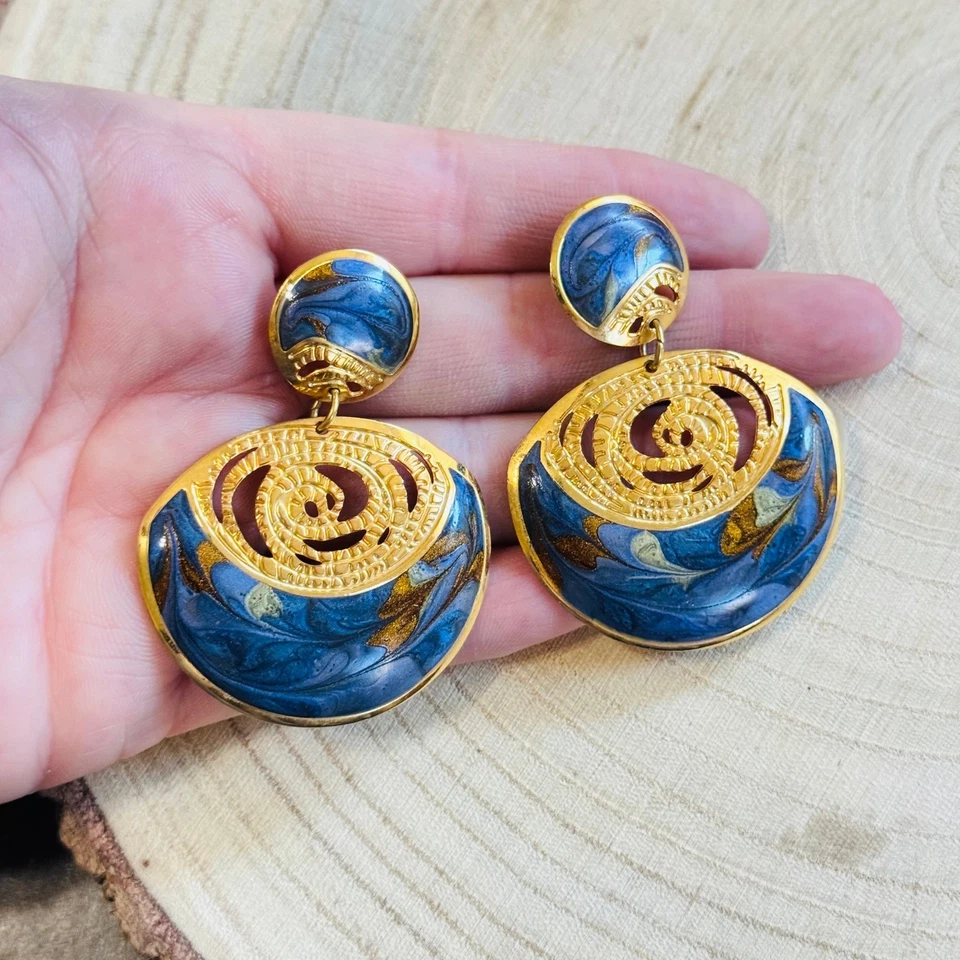 VTG Edgar Berebi dangle earrings enamel chunky pierced designer blue gold 90s - Image 3 of 4