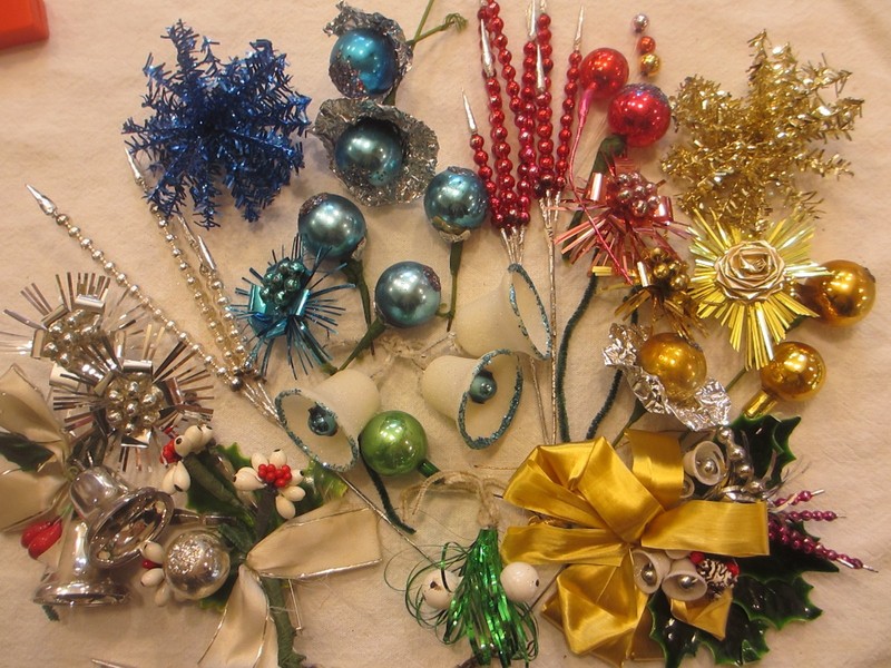 VTG Glass Christmas Ornaments Floral Picks, balls, VTG package toppers AS-IS