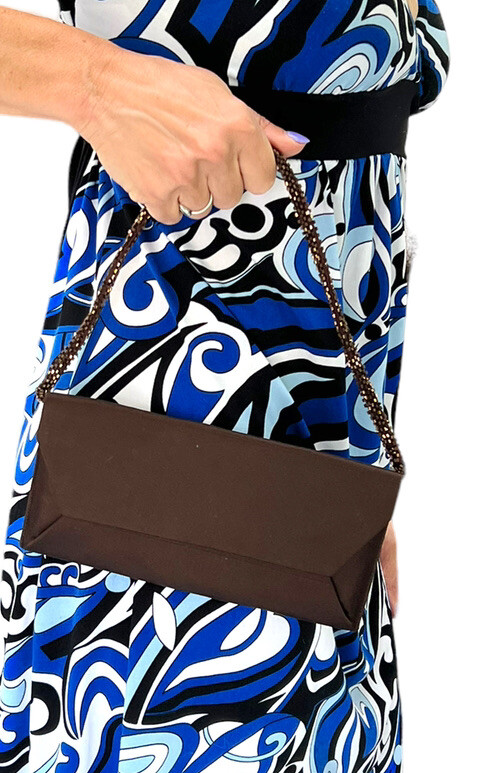 NANCY BACICH BROWN SILK SATIN BEADED HANDLE ENVELOPE EVENING BAG thumbnail 7