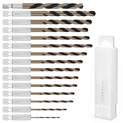 15pcs 1.5-6.5mm HSS Twist Drill Bit Set 1/4'' Hex Shank M35 Cobalt for Metal Wood