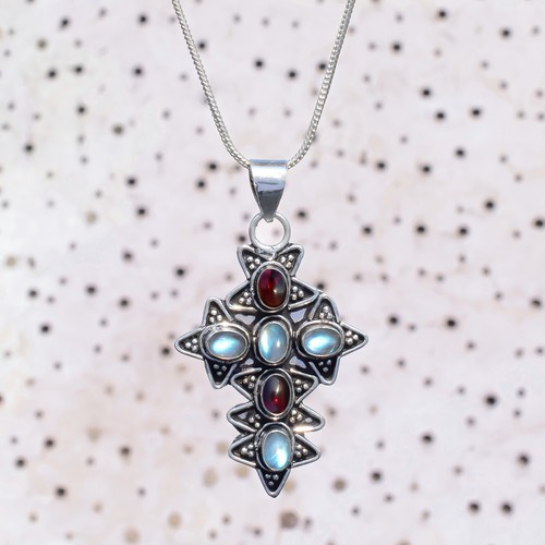 Blue Labradorite, Red Garnet Gemstone 925 Sterling Silver Cross Festival Pendant - Picture 4 of 7