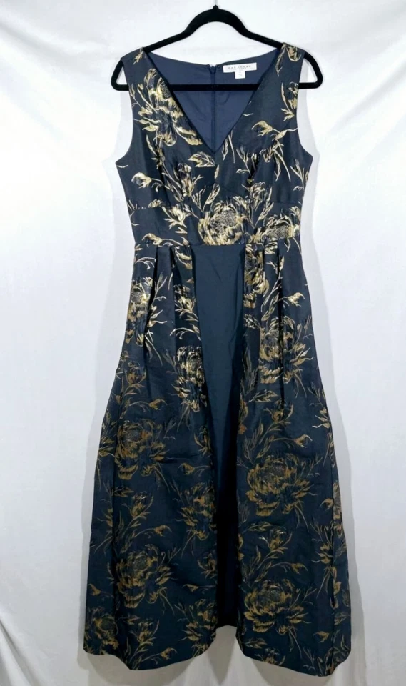 Vestido Kay Unger Talla 8 Cuello en V Esterlina Metálico Jacquard - Azul y Dorado Foto 3 de 4