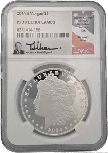 NGC Hand-Signed & Graded PF70 Ultra Cameo 2024-S Morgan Silver One Dollar Coin