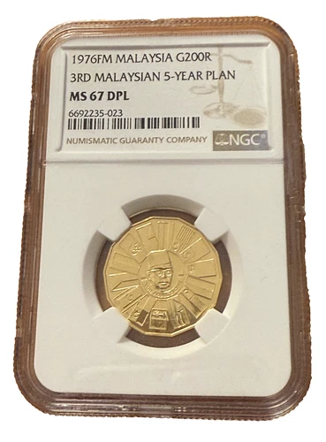Malaysia 1976 FM Gold 200 Ringgit NGC MS67 DPL 3rd Malaysian 5-year plan
