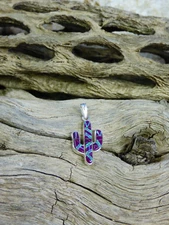 Petite Saguaro Cactus Pendant 925 Sugilite and Opal Handcrafted Silver USA NEW