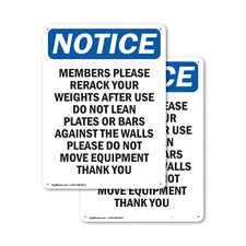 (2 Pack) Members Please Rerack Your Weights OSHA Notice Sign Decal Metal Plastic
