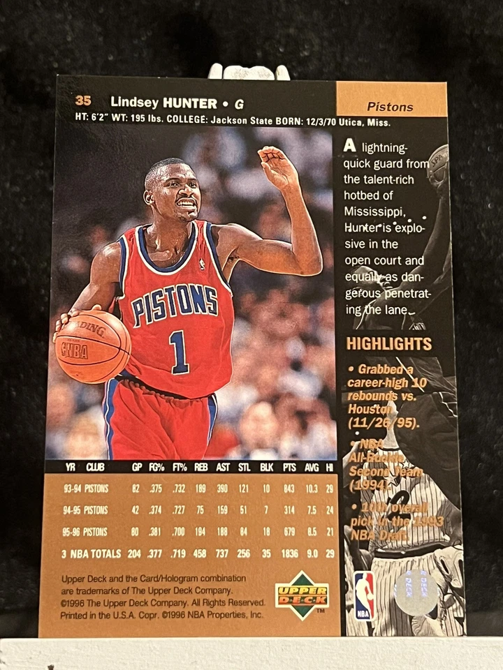 1996-97 UPPER DECK LINDSEY HUNTER DETROIT PISTONS #35 Basketball NBA Card - Image 2 of 2