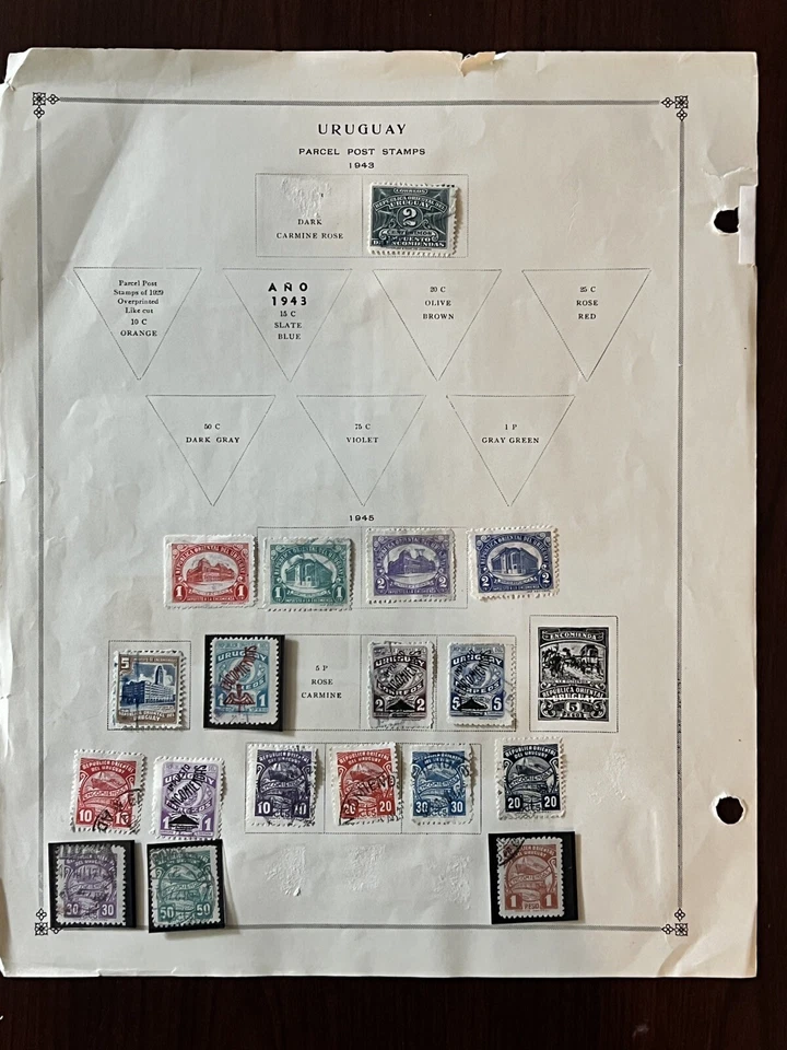 LOTE DE SELOS DO URUGUAI 1943-1947 NA PÁGINA DO ÁLBUM, SOBREIMPRESSÕES, CORREIO DO PACOTE, SEGUNDA GUERRA MUNDIAL E MUITO MAIS - Imagem 2 de 4