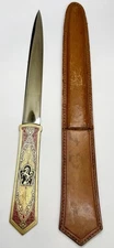 VTG Solingen Germany Letter Opener w/ Brown Leather Sheath Ornate Brass 9.75”