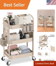 Multi-Purpose Rolling Cart with 3 Shelves, Pegboards, & Lockable Wheels in Khaki
