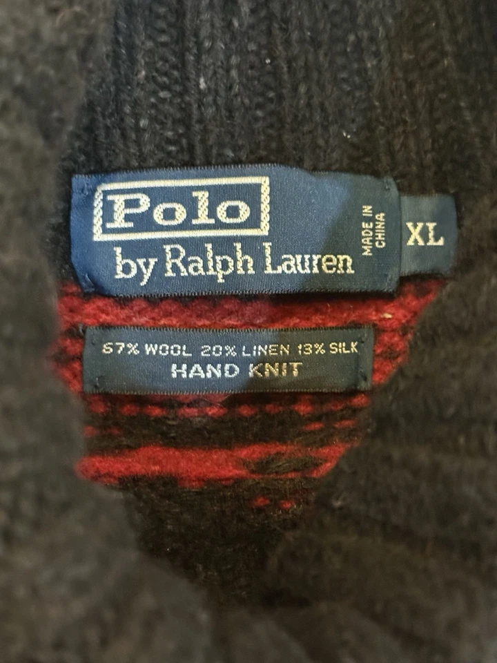Polo Ralph Lauren навахо ручной вязки водолазка мужской свитер размер XL черный красный винтажный - Изображение 4 из 4