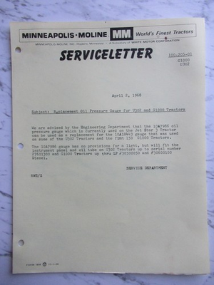 #ad #ad Minneapolis Moline G1000 U302 Tractors Pressure Gauge Service Letter Brochure $6.99