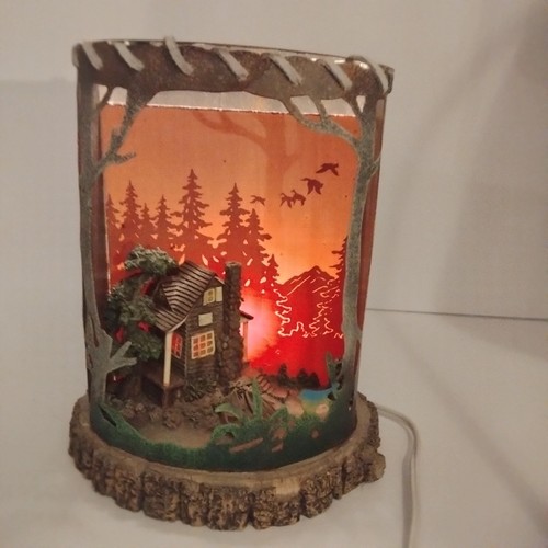 Rustic Cabin Lake Pond Shadowbox Night Light Accent Lamp Camping Fishing Diorama