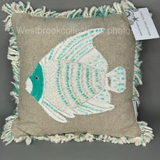 Coastal Collection Beaded Embroidered Sequin Fish pillow Aqua Tan White 12"