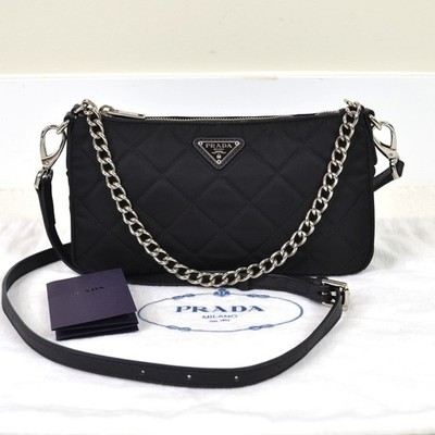 Prada Tessuto Black Quilted Nylon Leather Small Chain Shoulder Bag Purse Handbag