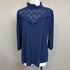 W5 Navy Ruffled mock-neck, lace bib blouse