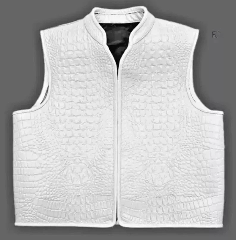 Men's Crocodile Pattern White Leather Biker Vest Lining Motorbike Waistcoat