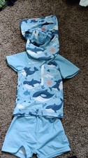 Unisex Kids 3-Piece Shark Print Swim Set Blue/White Size S Shirt Trunks Hat