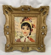 Painting Of Elegant Young Parisian Woman With Parasol Summer Hat Gold Frame Read
