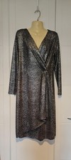 M & S silver sparkling faux wrap party dress Stretch Long sleeve  size 14 midi