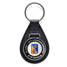 US Army 128th Aviation Brigade Veteran Black Leather Keychain Silver Keyring