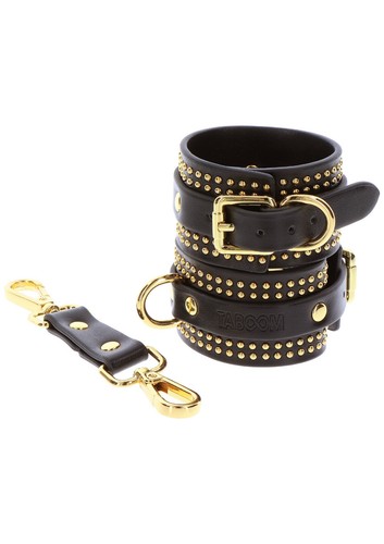 BDSM Manschetten Kunstleder schwarz mit Details und Nieten goldfarben Wrist Cuffs Set - Bild 6 von 11
