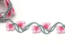 Unotrim 1" wide Pink/Lt Gray Iron on Floral Flower Embroidered Sewing Trim