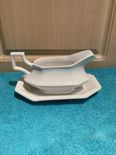 Vintage White Heritage Ironstone China Johnson Brothers Gravy Boat & Underplate 