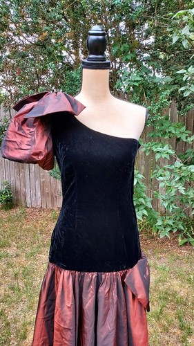 VTG 80'S ALYCE DESIGNS BRONZE & BLACK VELVET BOW ACCENT PARTY DRESS - Picture 3 of 10