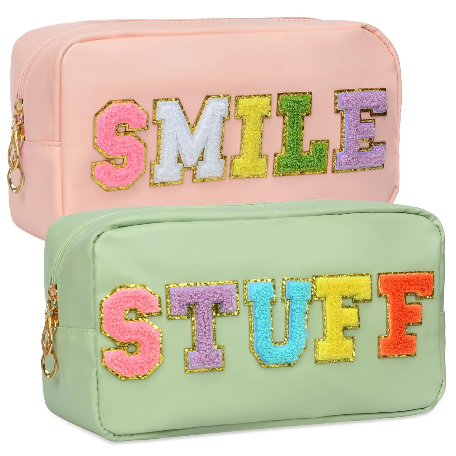 FEBALHS 2-Piece Preppy Travel Makeup Bag Set in Pink and Green for Women Girls