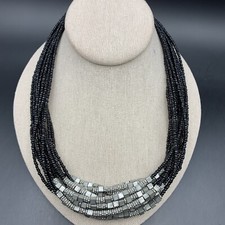 Black Seed Bead Necklace Silver Tone Boho Multi Strand Statement Beaded
