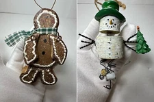 Lot 2 Primitive Farmhouse Wood Christmas Ornament - Snowman Gingerbread Man