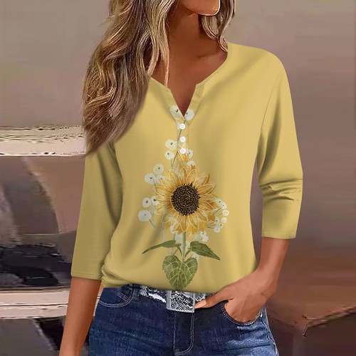 Women's T Shirt Tee Print Button 3/4 Sleeve Daily Weekend Fashion Basic V- - Picture 31 of 33