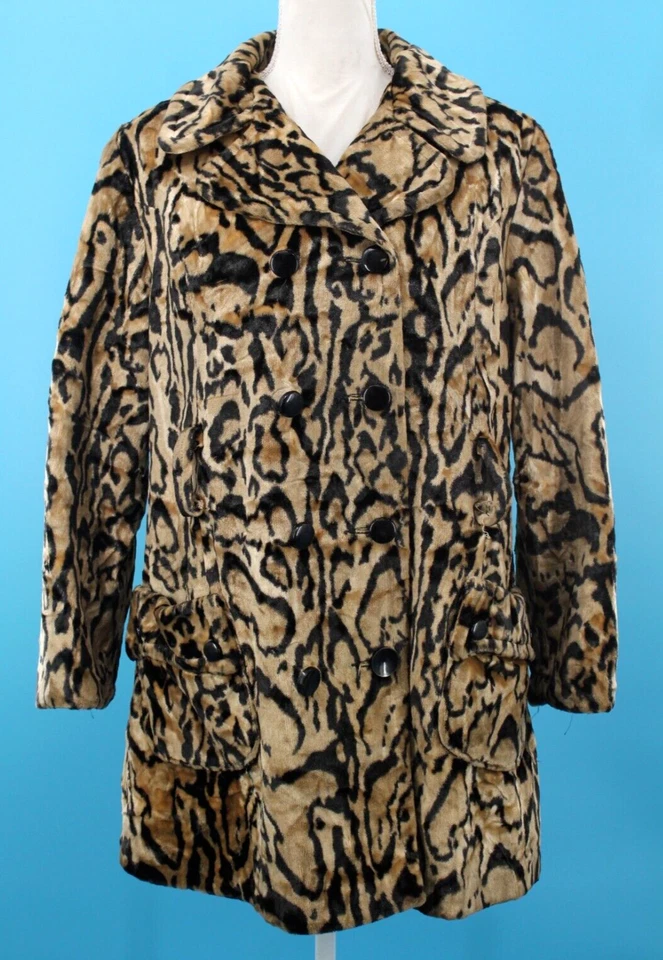 Винтажный женщин 60-х Jaguar печать бархата пальто с большими карманами и ремнем Sz M/L 1960-х - Изображение 2 из 4