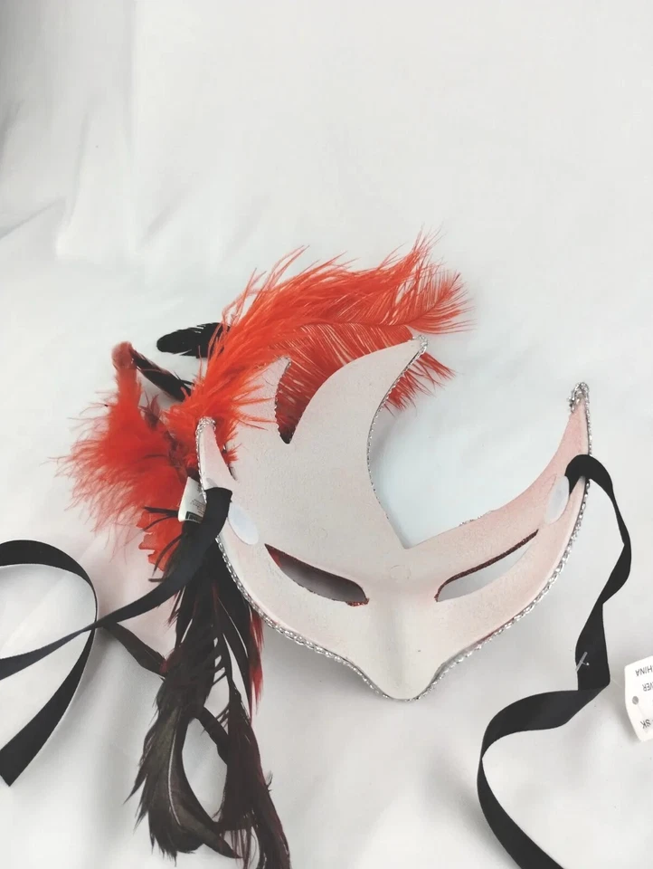 Womens Party Mask Hard Masquerade Red On Silver With Red Black Bird Feather  - Image 4 of 4