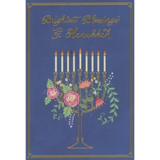 Brightest Blessings Gold Menorah Pink Flowers Green Vines 8 Hanukkah Cards