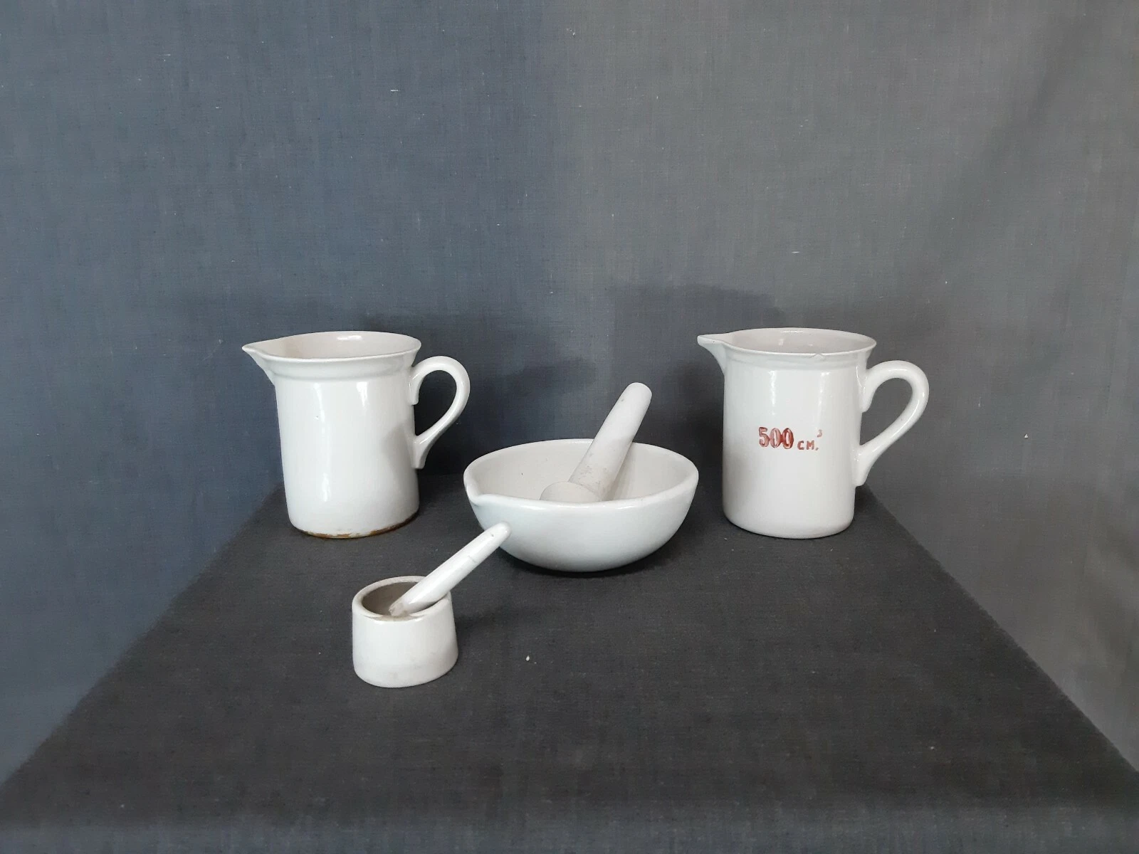 Antique Apothecary Porcelain set of 2 Mortars And Pestles & 2 Measure Jugs/Cups
