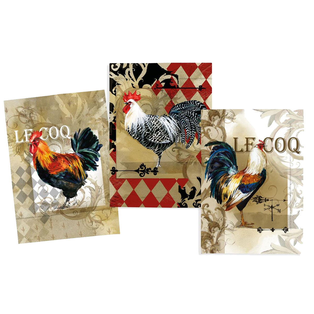 Torchons Coqs en coton sergé haut de gamme lot de 3 coloris lin naturel