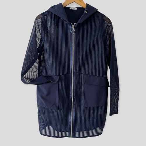 WHY Dress Mesh Full Zip Hooded Cover-Up Medium Beach Dark Navy See Through Swim