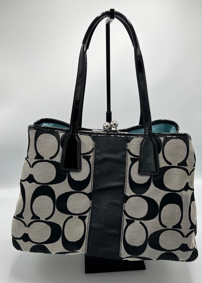 Coach Signature Stripe Framed Carryall Satchel Tote No F13533 Silver Black White - Image 2 of 4