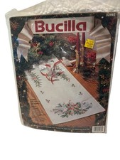Doves Holly Table Runner Embroidery Kit Bucilla Stamped Fabric 14x44 Christmas