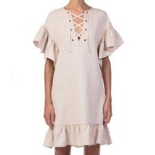 Ulla Johnson Marianne Ruffled Flare Frilly Sleeve Twill Lace Up Dress