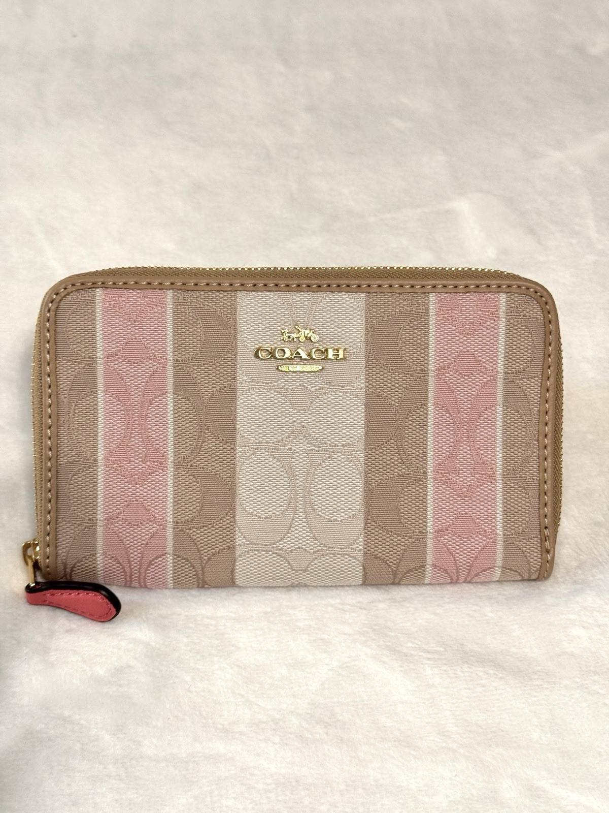 Coach Signature Stripe Jacquard Medium Zip Wallet in Taffy Multi Beige Brown Pink