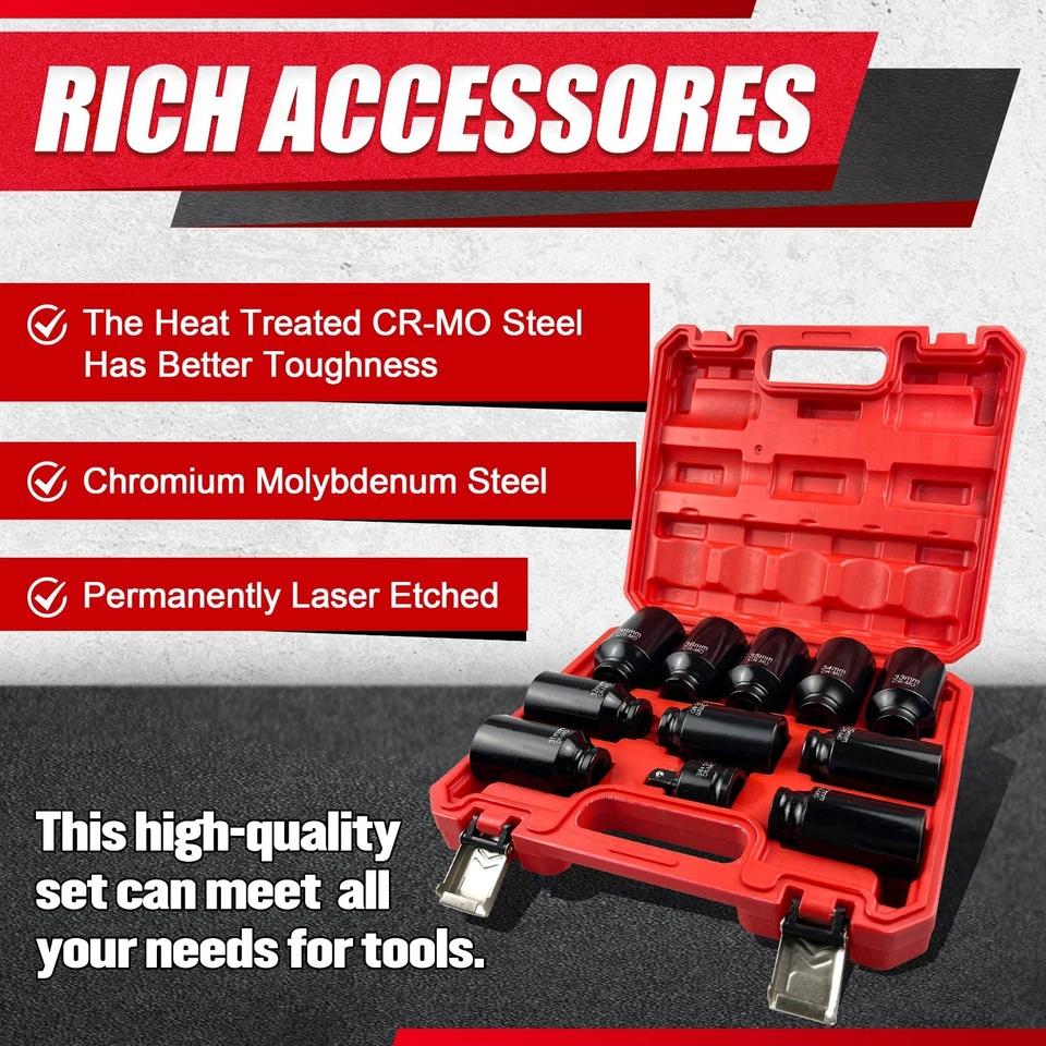 11PCS 1/2" Axle Nut Socket Set Drive Spindle Wheel Axle Nut Wrench Large Sockets - Image 3 of 4