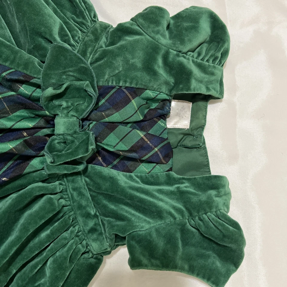 Laura Ashley 绿色天鹅绒连衣裙蝴蝶结格子口音假日婴儿 18 个月薄纱衬里 — 第 3/4 张图片