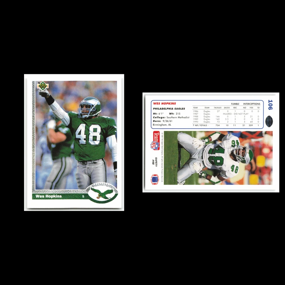 Wes Hopkins #106 1991 Upper Deck Philadelphia Eagles Football Card NFL NM - Image 3 of 3