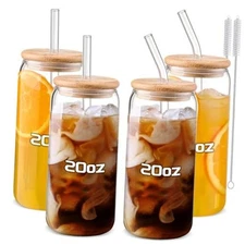  Glass Cups “20oz”,Glass Cups with Lids and Straws 4 20oz*4pcs Clear White 20oz