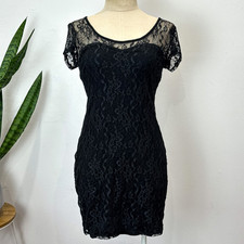 GUESS DRESS - BLACK LACE BODYCON MINI - SHEER YOKE PARTY - AU 12 / L